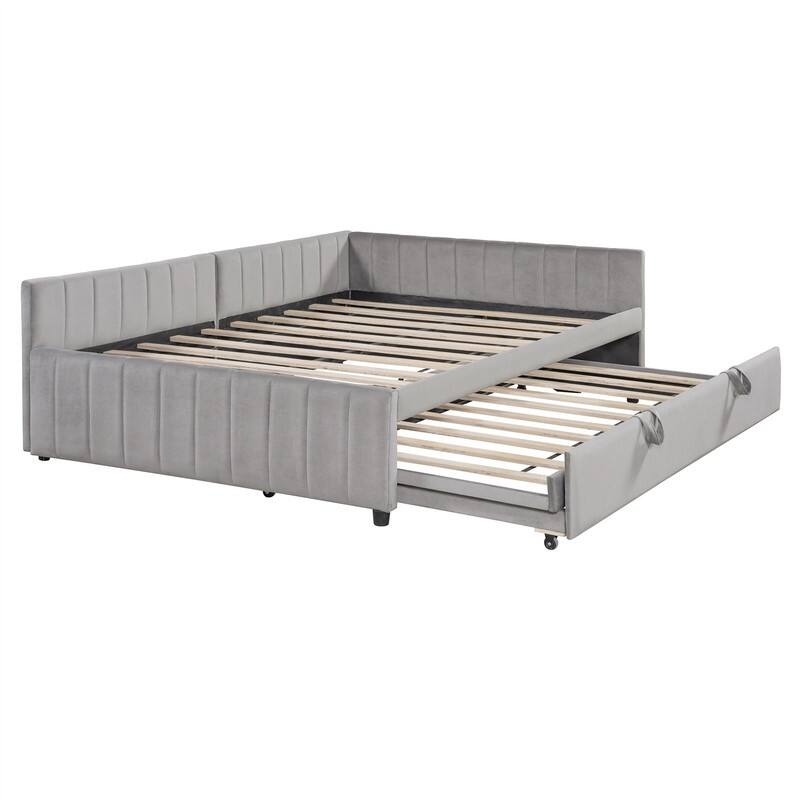 Upholstered Daybed with Twin Size Pop Up Trundle, Full Size Daybed Frame Sofa Bed with L-Shaped Backrest and Striped Design