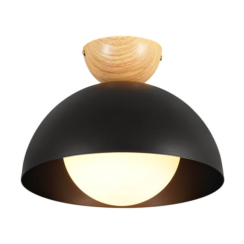 1-Light 11.8" Modern Farmhouse Black Semi-Flush Mount Ceiling Light - 11.8 in. W x 9.84 in. H