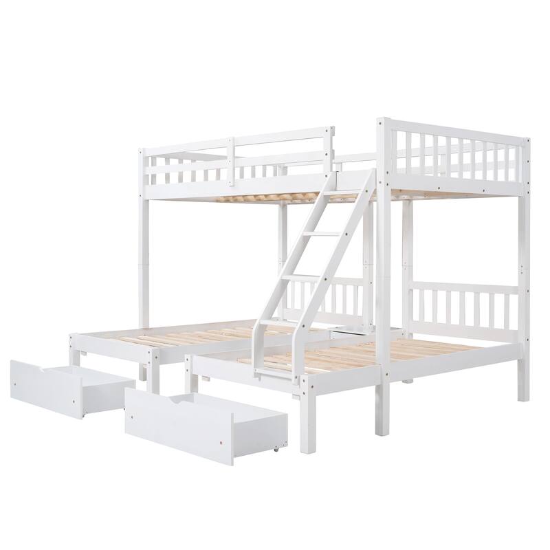 Full Over Twin Wood Triple Bunk Bed with Drawers, Guardrails, and Angled Ladder - Space-Saving Design