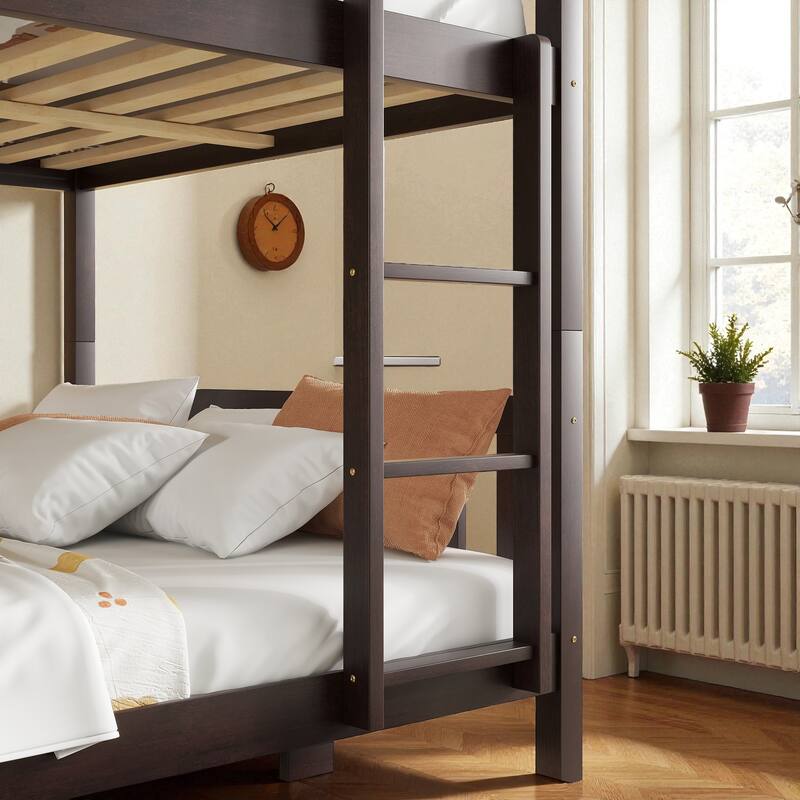 Full Over Full Rubber Wood Bunk Bed with 2 Storage Drawers, Convertible into 2 Full Beds, Ladder and Safety Guardrails