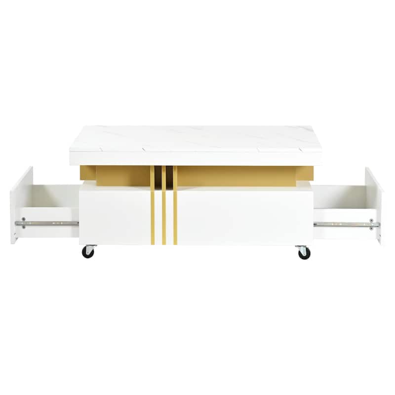 Modern Coffee Table Luxury Living Room Center Table with 2 Drawers and Casters, for Living Room, White