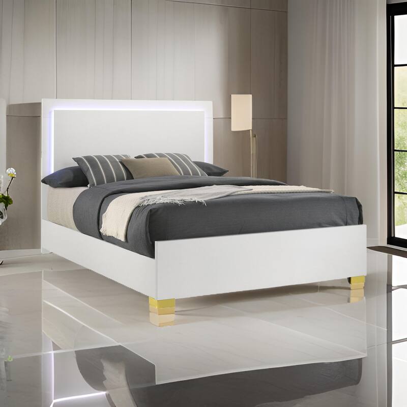 Dex Platform Queen Bed, Panel LED Headboard, White Wood Melamine Finish