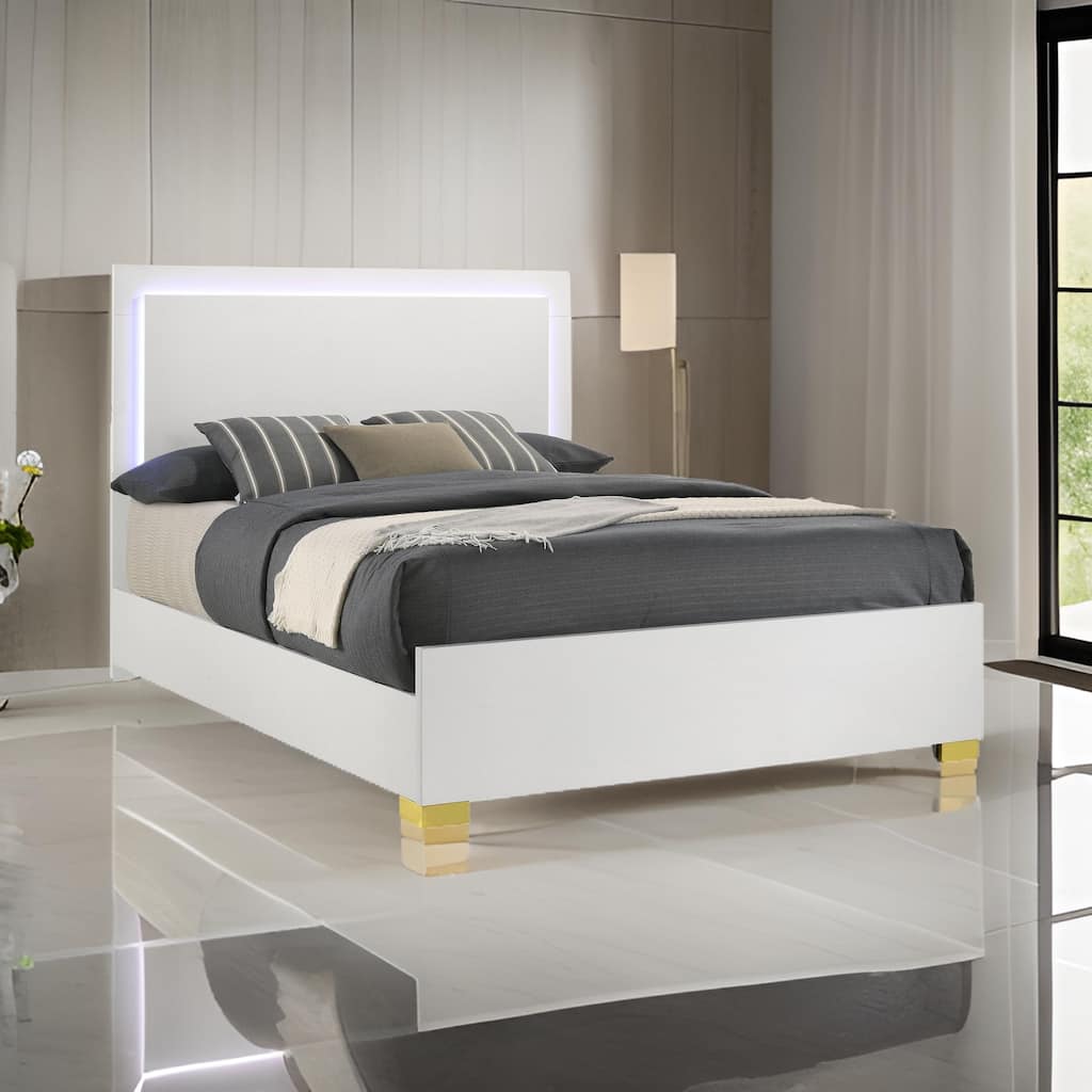 Dex Platform Queen Bed, Panel LED Headboard, White Wood Melamine Finish