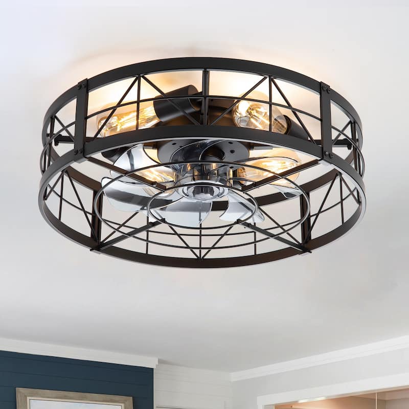 20-in Flush Mount Caged Ceiling Fan with Light Remote(7-Blade) - Matte Black