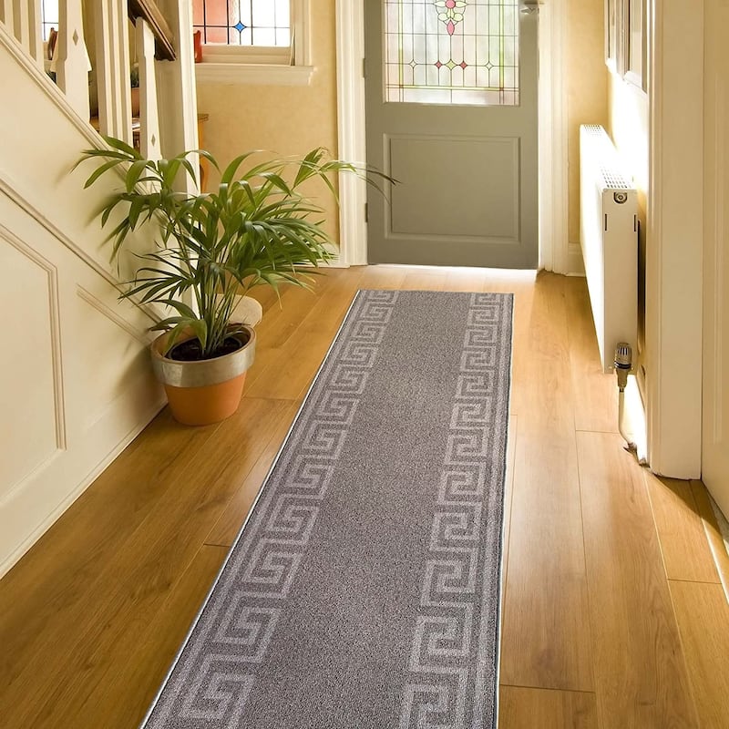 Custom Size Greek Design Gray 26 Inch Wide Non-Slip Stair Runner Rug
