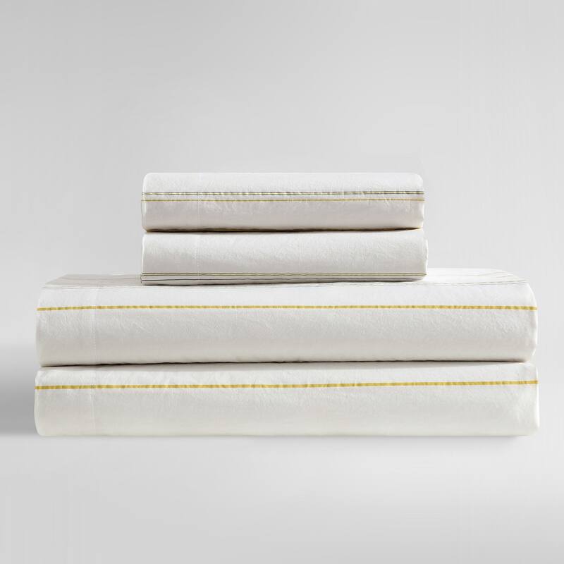 Calvin Klein Washed Cotton Percale Sheet Set - Pinstripes Yellow - Queen