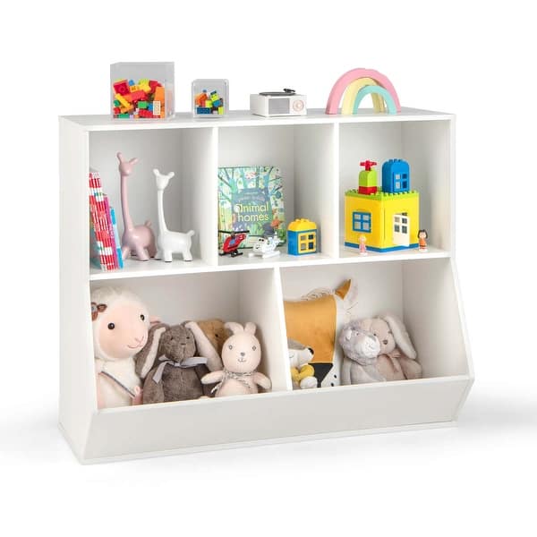 slide 2 of 30, Costway 5-Cubby Kids Toy Storage Organizer Wooden Bookshelf Display - See Details White
