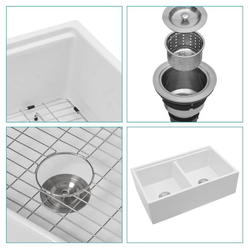 33'' Farmhouse Ceramic Double Bowl Kitchen Sink in White - 33'' x 20'' x 10''