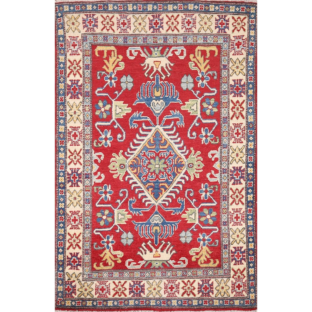 Red Geometric Kazak Oriental Foyer Rug Handmade Wool Carpet - 3'3" x 5'1"