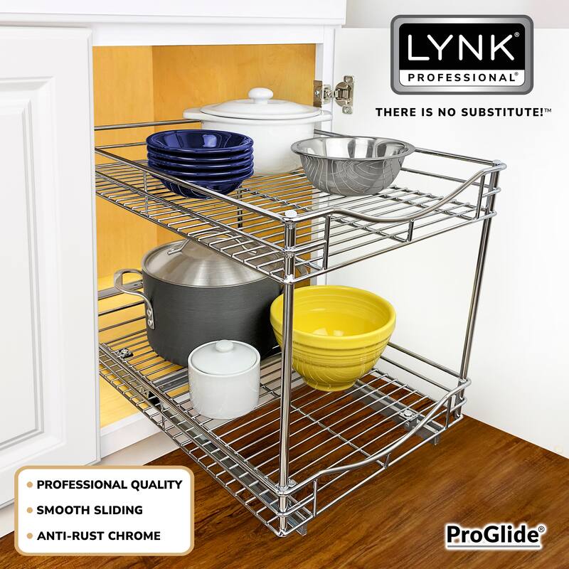 LYNK PROFESSIONAL® Pull Out Cabinet Organizer (2 Tier) Slide Out Drawers for Kitchen Cabinets - 14"D x 18"W - Chrome