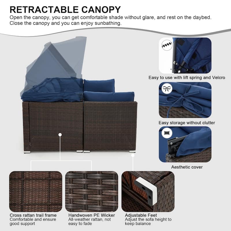 EROMMY 6-Piece Patio Furniture Set, Rattan Daybed with Canopy and Adjustable Backrest