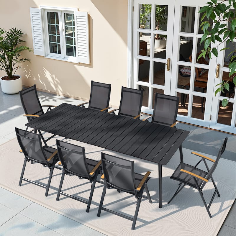 9-Piece Set Outdoor Aluminum Dining Table and Foldable Adjustable Dining Chairs - Black