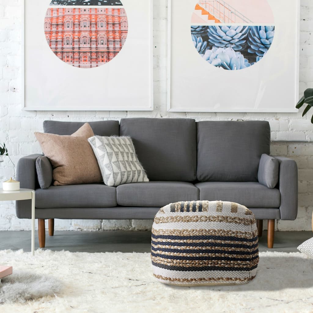 Sevita Classic Tri-Colored Natural/Navy Jute Pouf