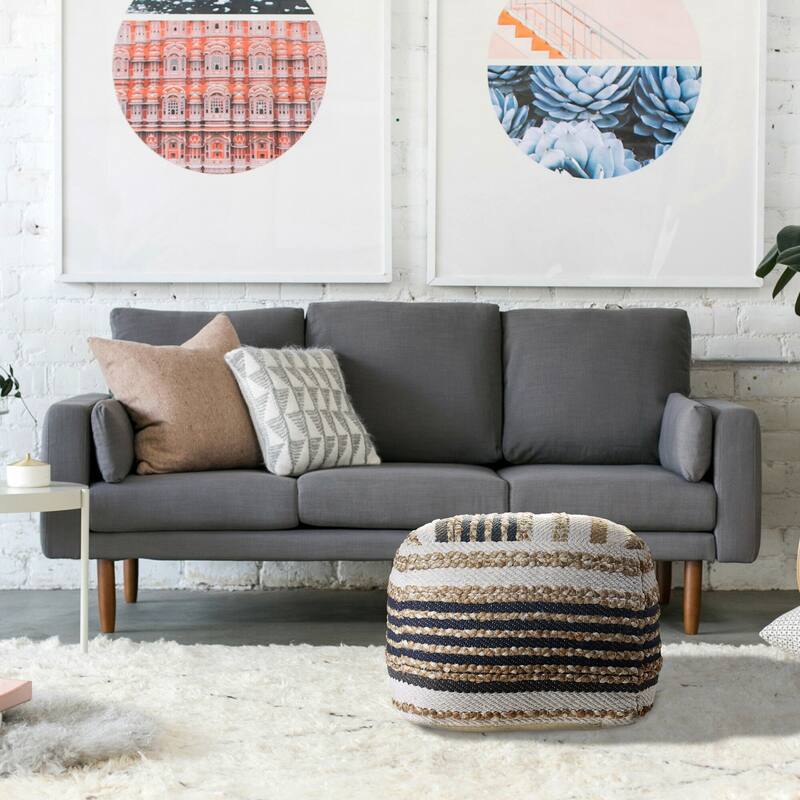 Sevita Classic Tri-Colored Natural/Navy Jute Pouf