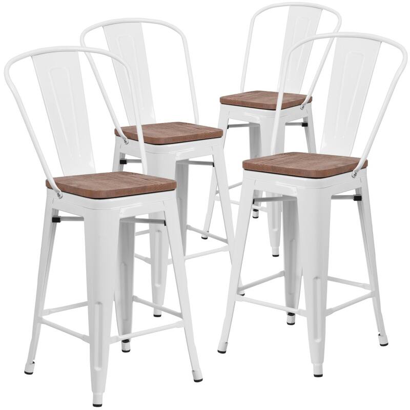 4 Pack 24" High Metal Counter Height Stool with Back and Wood Seat - 17.75"W x 20"D x 39.25"H