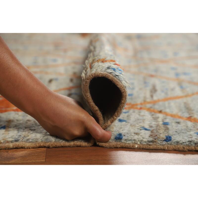 Moroccan Oriental Area Rug Hand-Knotted Grey Wool Carpet - 6'8" x 9'10"