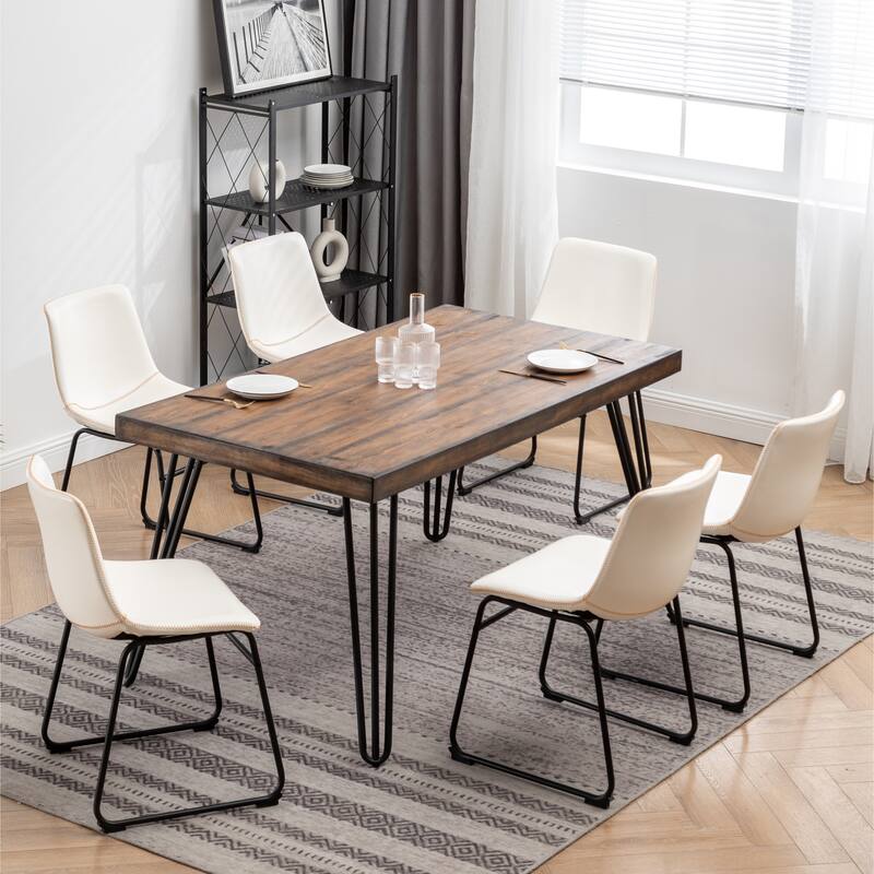 Industrial Style 7-Piece Dining Set with Rectangular Table and 6 Faux Leather Upholstered Dining Chairs - Brown+White