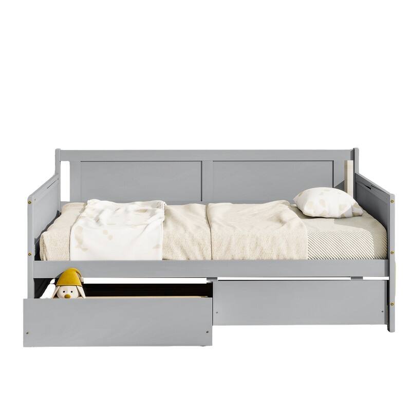Twin-Size Pine Wood Daybed with Dual Storage Drawers‌ - Grey