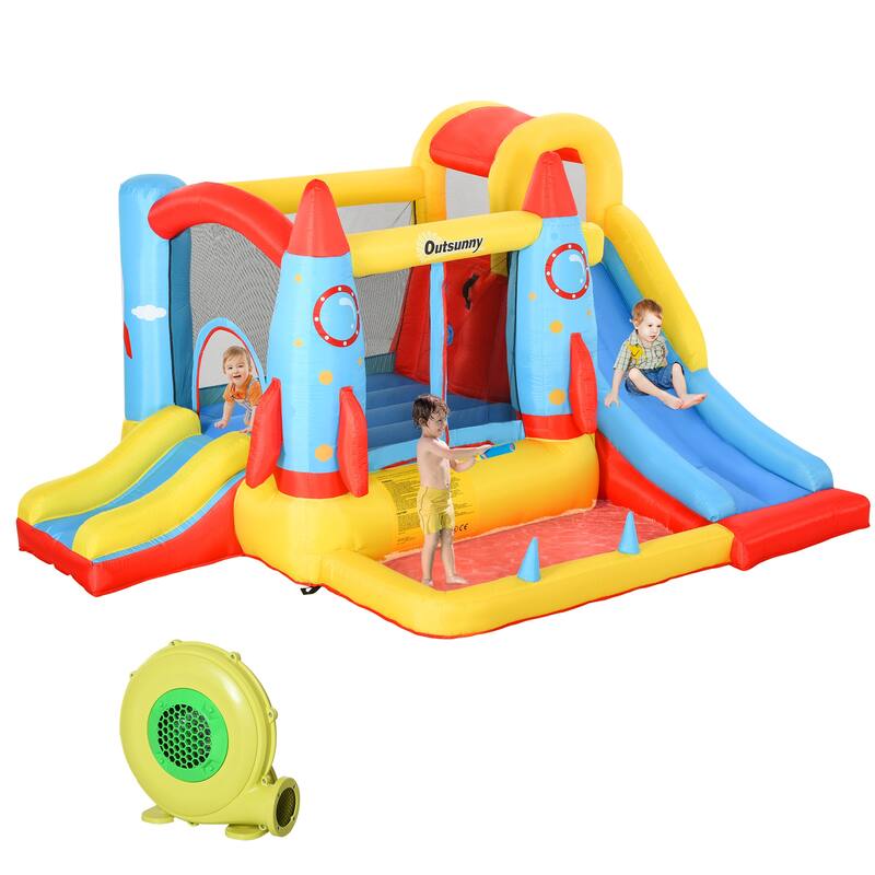Outsunny 4-in-1 Kids Inflatable Bounce House Jumping Castle with 2 Slides, Climbing Wall, Trampoline, & Water Pool Area