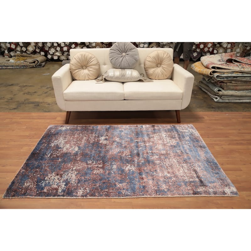 Hand Knotted Oriental Viscose Silk Carpet Modern All-Over Oranges & Rust Abstract Area Rug - 5' 11'' X 3' 11''