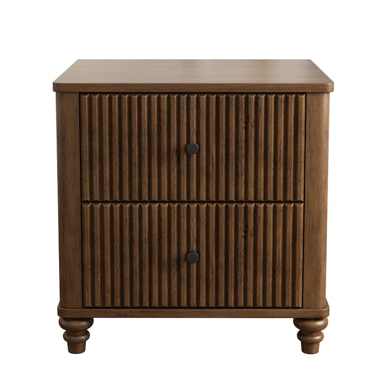 Fluted Nightstand 2-Piece Set, 21.65"W Side Table with 3 Drawers, Wood NightStand with Metal Handle, Wooden Bedside End Table