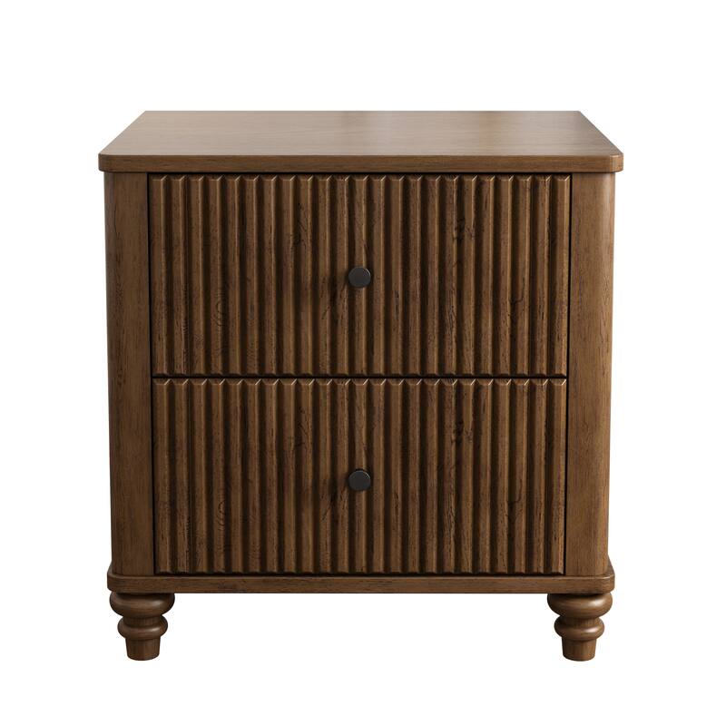 Modern Fluted Nightstand with 2 Large Drawers & 1 Hidden Drawer, Wood Bedside Tables for Bedroom, Retro Simple Style End Table
