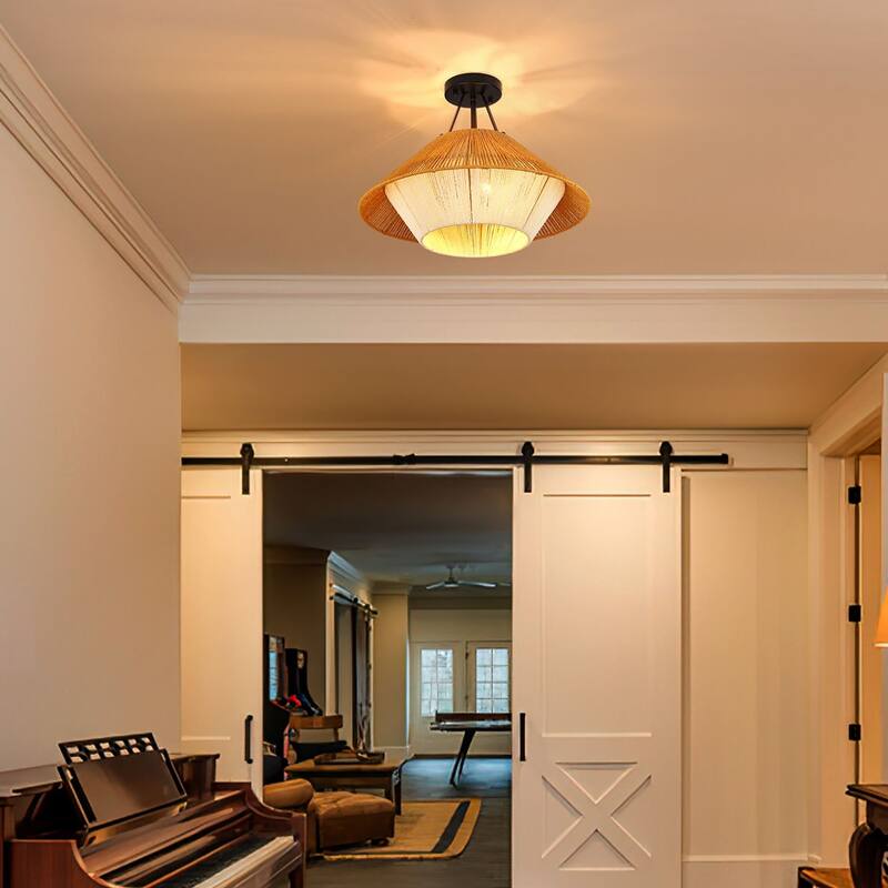 3-Light Natural Rattan Semi Flush Mount Light