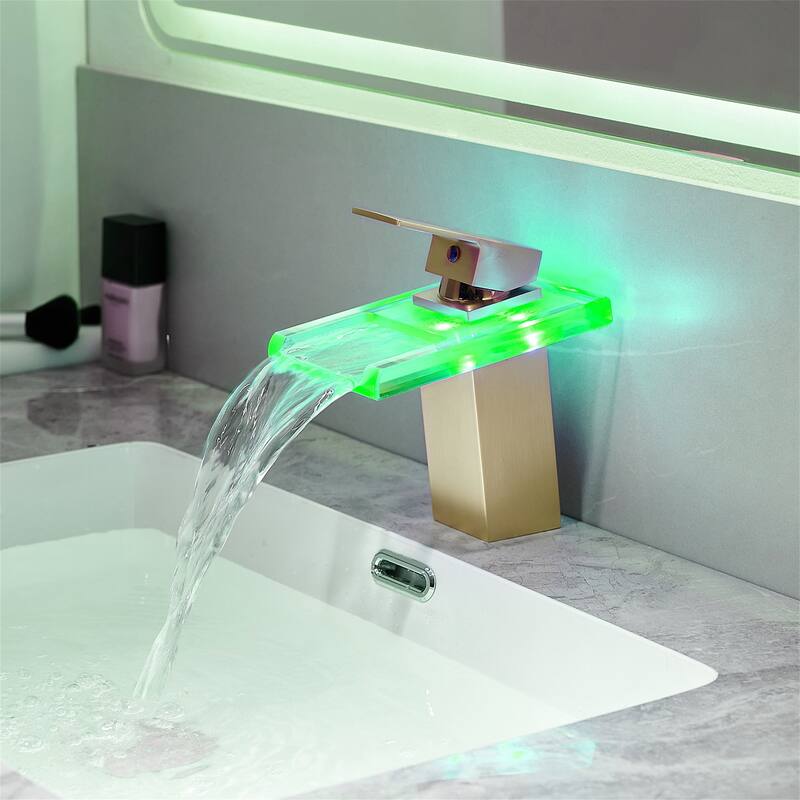 Single Handle Waterfall Bathroom Faucet with LED Light Bathroom Sink Basin Faucets