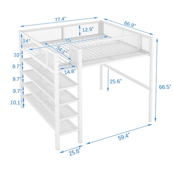 dimension image slide 5 of 7, Heavy Duty Metal Loft Bed Frame for Dorm with 4-Tier Storage Shelves, Ladders & Safety Guard Rail, Storage Platform Bed