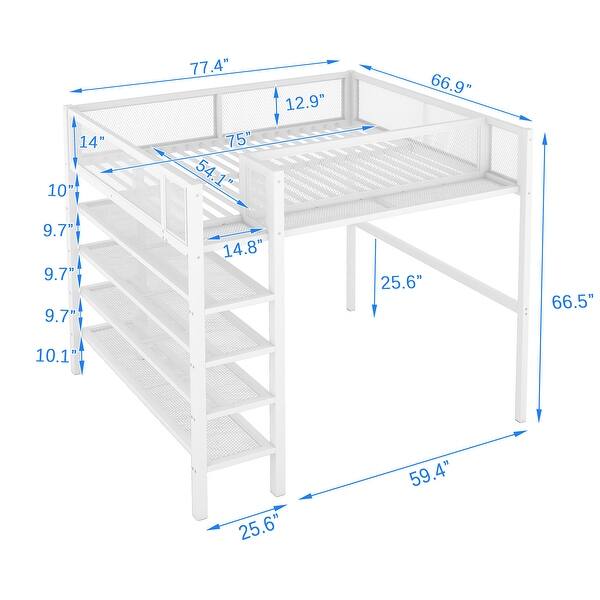 White Full Size Metal Loft Bed with 4-Tier Storage Shelves & Safety ...