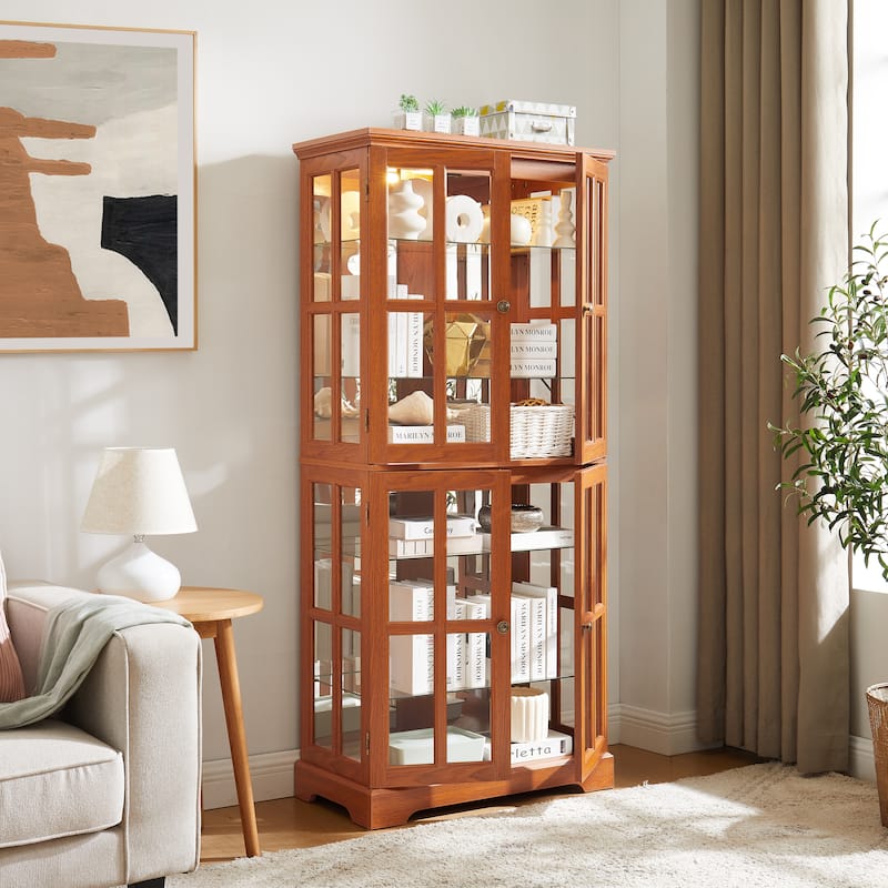 Lighted Curio Display Cabinet, Accent Cabinet with Mirrored Back Pane, Display Cabinet with 4 Glass Doors & Adjustable Shelves
