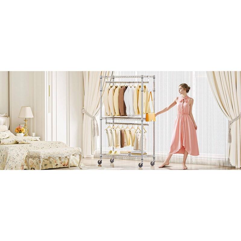 Heavy Duty Rolling Garment Rack with Wheels, 3-Tier Adjustable Wire Shelving, Clothes Rack with 2 Rods & Side Hooks