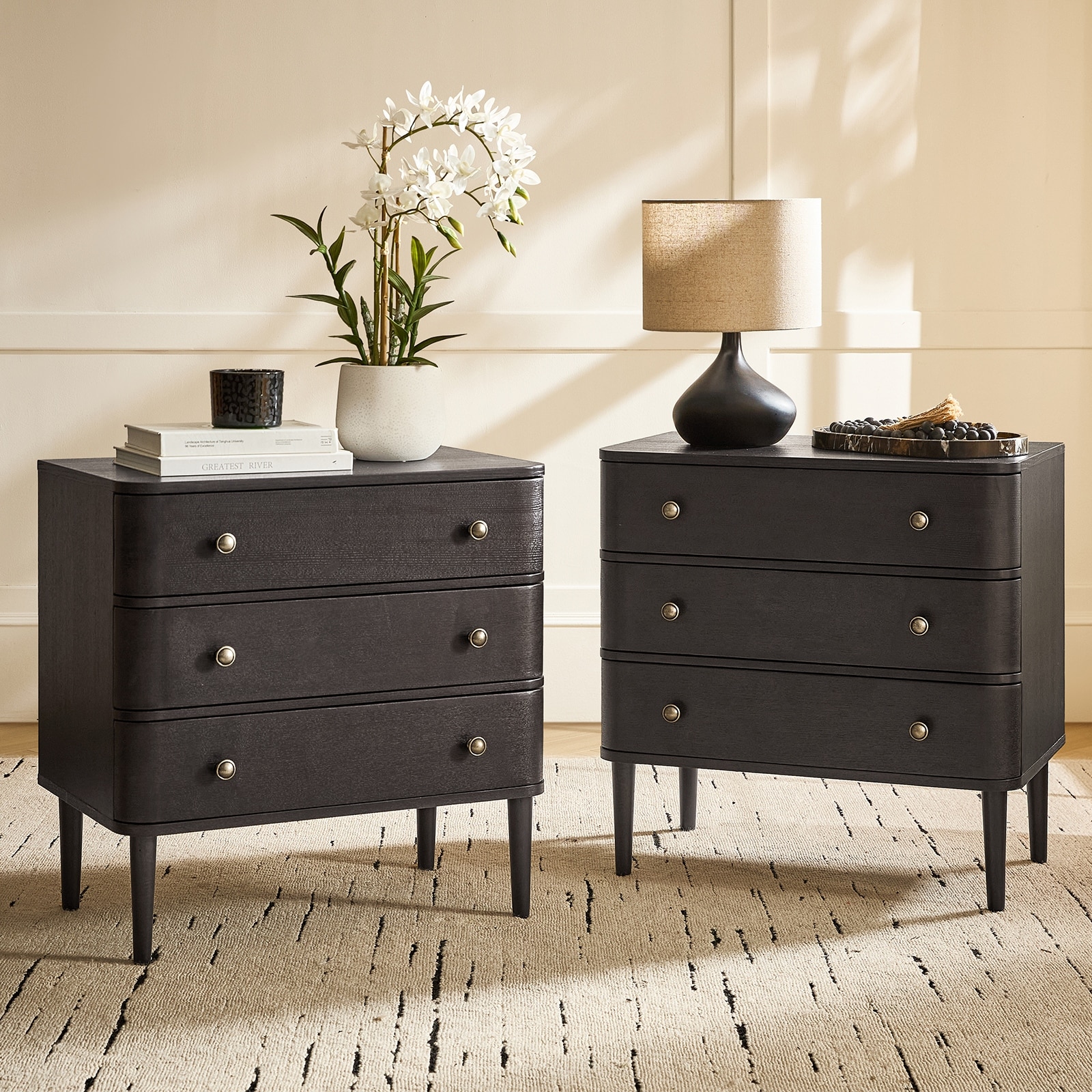 HULALA HOME Joel Modern 26"W 3-Drawer End Table with Built-in Charging Station and Solid Wood Legs Set of 2