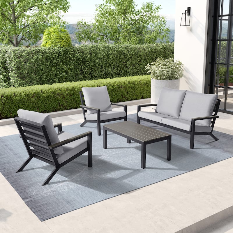 Vermont 4-Piece Aluminum Conversation Set with Slatted Faux Wood Top - Slate Black Frame with Light Gray Cushions 