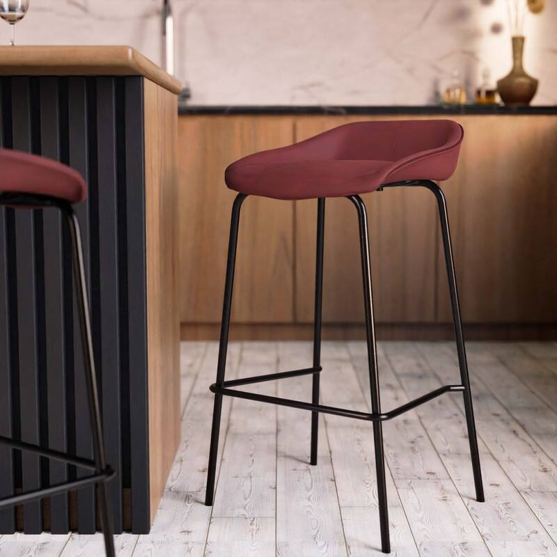 Servos Leather Upholstered Saddle Barstool with Solid Black Metal Iron Frame and Footrest for Home Kitchens, Bars (Set of 2)