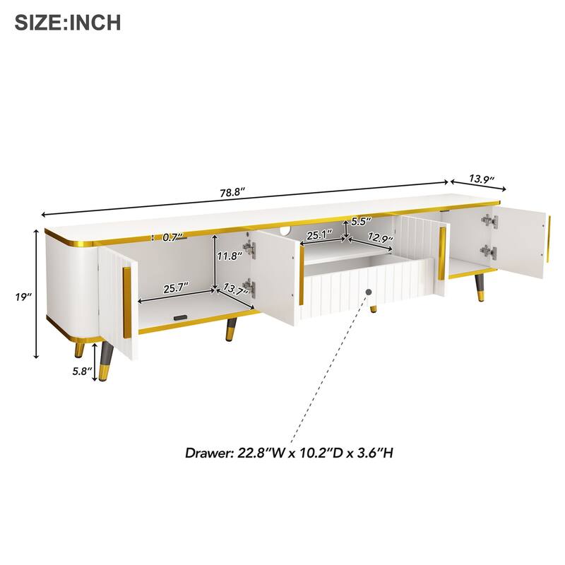 Elegant 79-Inch TV Stand with Ample Storage, Golden Elements, and Sleek Design - Ideal for Large Living Spaces.