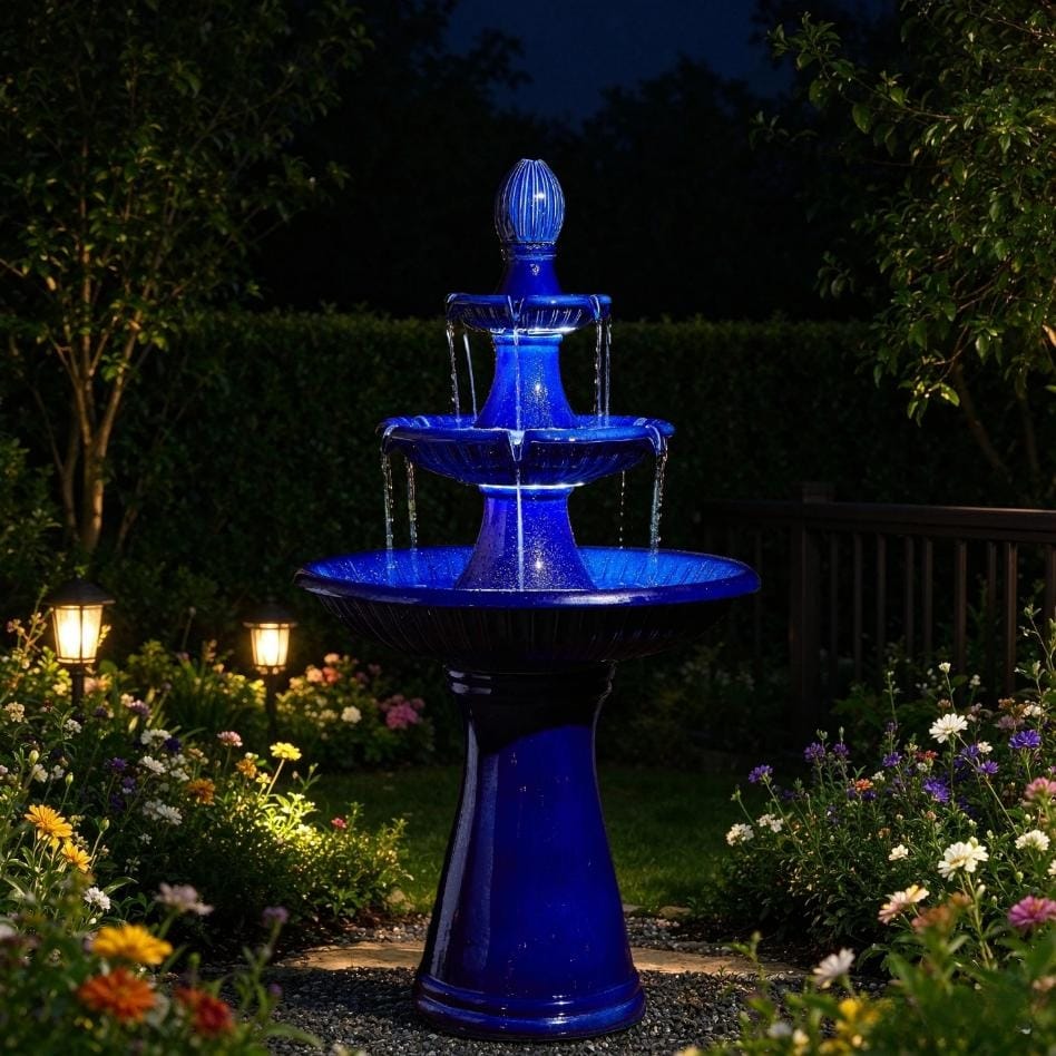 Glitzhome 45"H Ceramic 3-Tier Pedestal Lotus Resin Outdoor Water Fountain With LED Lights