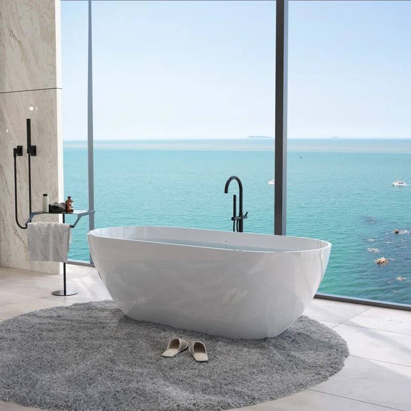 ABRUZZO Glossy White Freestanding Solid Surface Bathtub with Overflow and Pop-up Drain