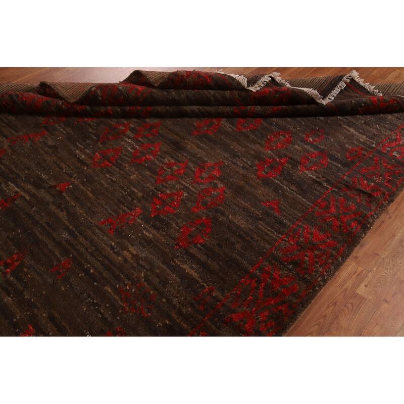 Dark Brown Tribal Moroccan Oriental Area Rug Hand-knotted Wool Carpet - 6'7" x 9'11"