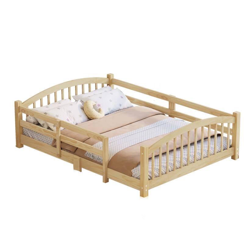 Roomfitters Montessori Floor Bed with Guardrails, Solid Wood Low Platform Bed with Slats, Easy Assembly