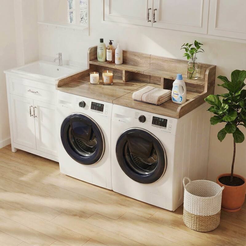 Washer Dryer Countertop with Non-slip Pads, Laundry Wood Shelf Topper with Edge, for Washer and Dryer Laundry Hamper Counter