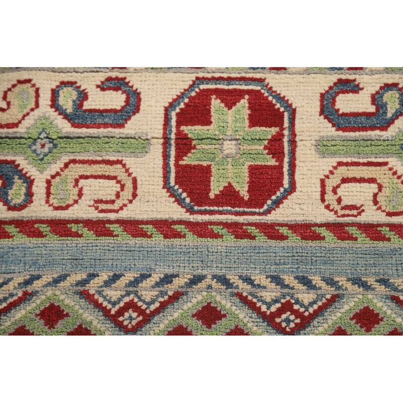 Light Blue Kazak Runner Rug Hand-Knotted Geometric Wool Carpet - 3'4" x 16'0"