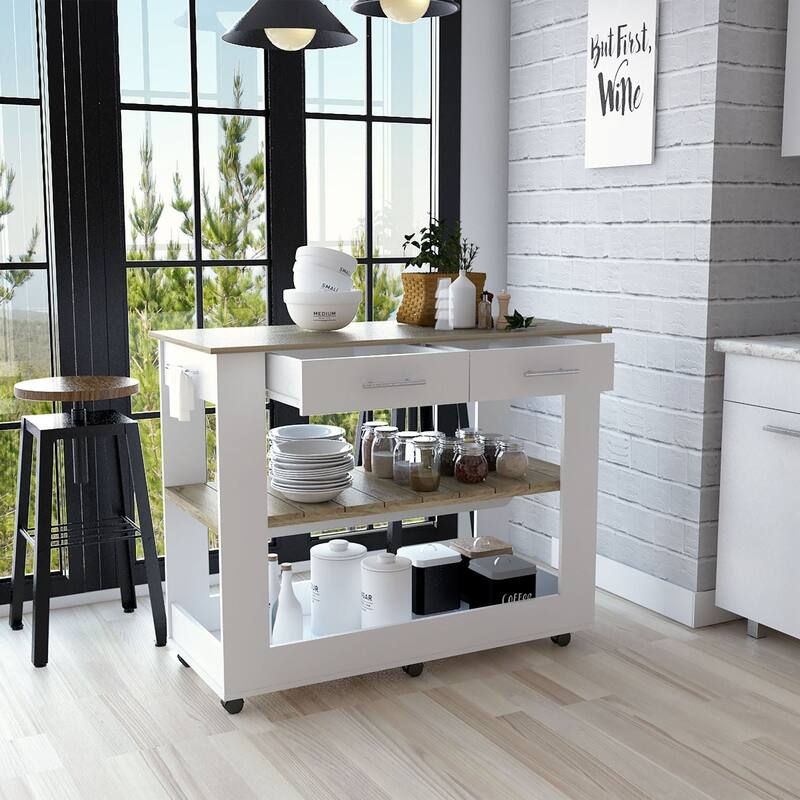 36" Kitchen Island with Storage Drawers, Casters, Towel Rack, White & Oak Finish, Modern Design