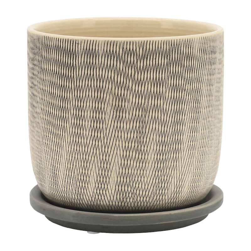 Mesh Cearmic Planters with Saucers- 6" - Gray and Beige - Set of 2