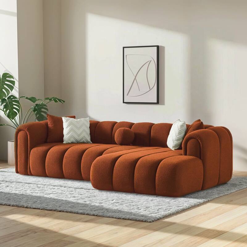 Sacramento Luxurious Modern Tufted Boucle Sectional Sofa with Chaise and Pillows - Burnt Orange Boucle - Right Facing