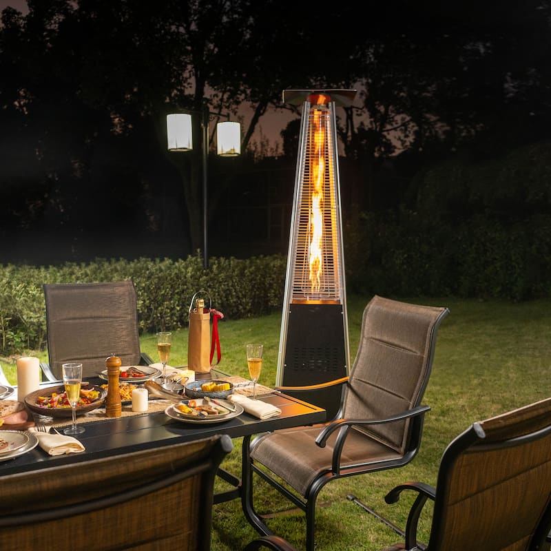 Outdoor 48,000 BTU Pyramid Propane Gas Patio Heater with Wheels, Glass Tube, Black