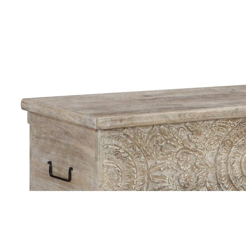 Medallion Pattern Wooden Storage Bench, Hinged Opening, Antique White, Black
