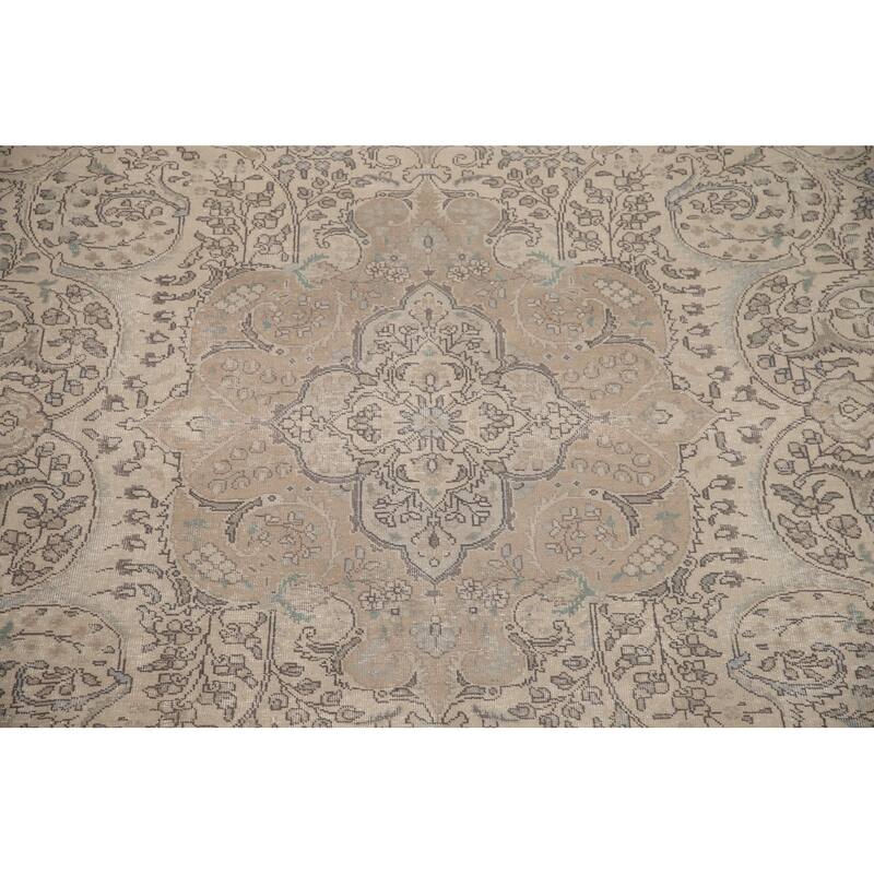 Hand Knotted Oriental 100% Wool Carpet Traditional Floral Beige & Ivories Tabriz Area Rug - 12' 7'' X 10' 0''