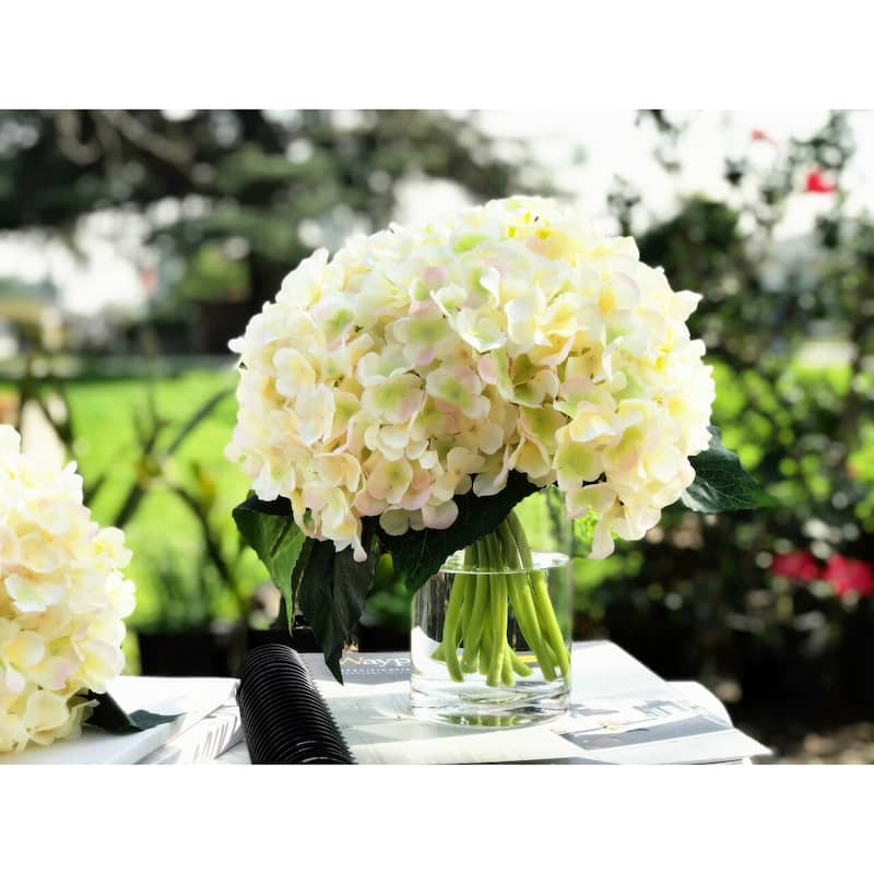 Enova Home Blush Artificial Silk Hydrangea Fake Flowers Arrangement in Clear Glass Vase with Faux Water for Home Decoration