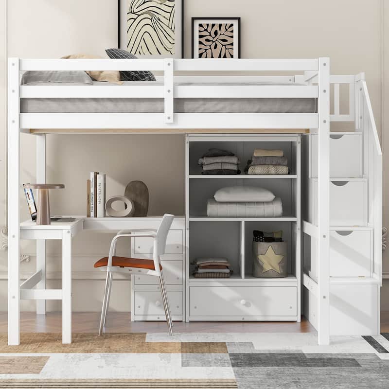 Full Size Loft Bed with L-Shaped Desk and Drawers, Cabinet and Storage Staircase - White